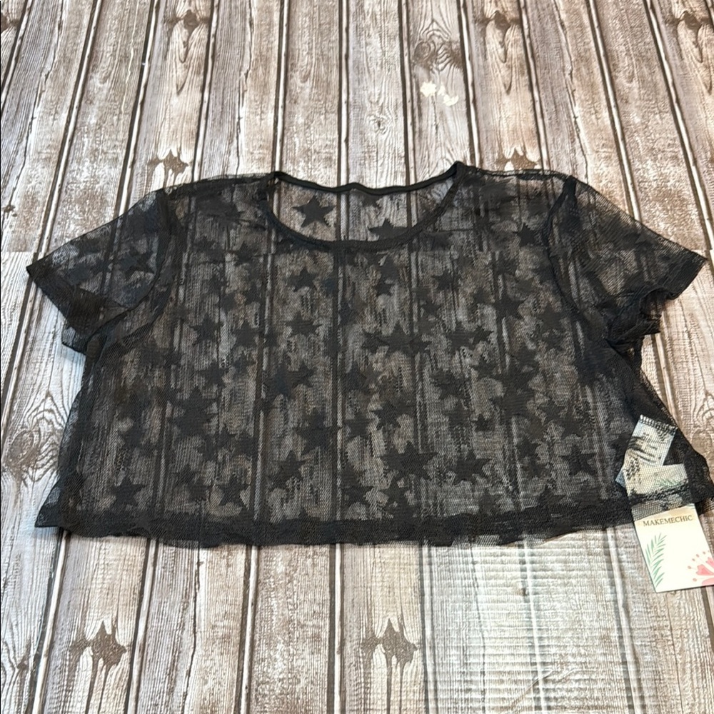 MakeMeChic Black Sheer Star Pattern Crop Top size Large